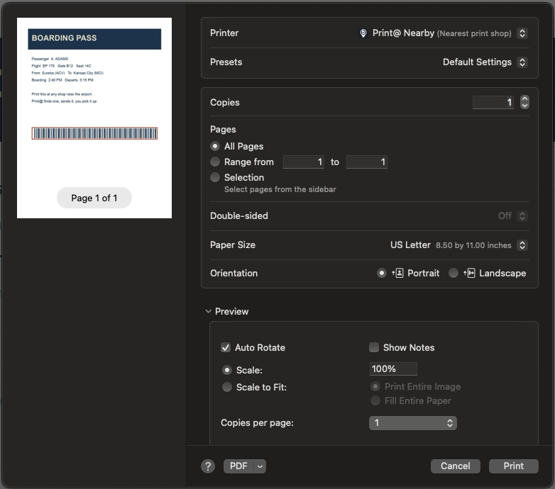 macOS Print dialog with Print@ Nearby selected as the printer