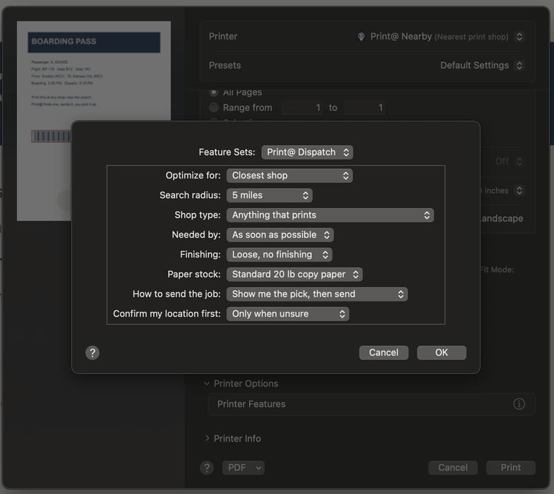 Print@ Dispatch options: optimize for, search radius, shop type, needed by, finishing, paper stock, how to send, confirm location